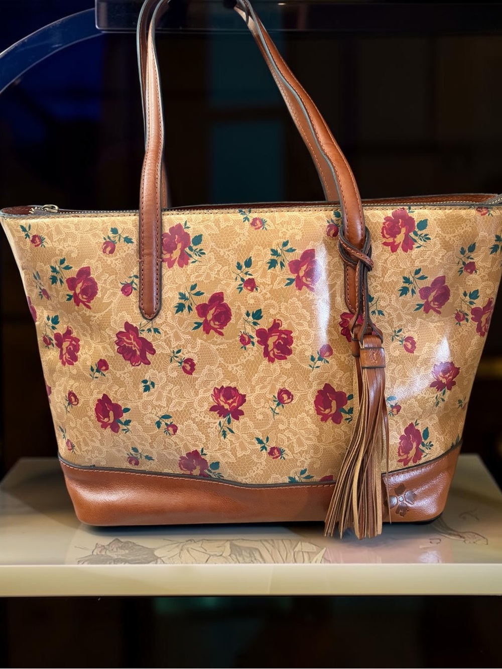 Patricia Nash Beige Floral Tote with Brown Leather Trim